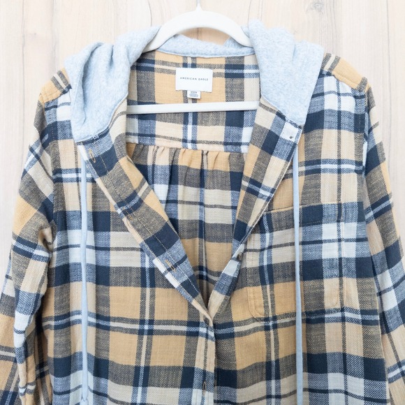 Y2K American Eagle Womens Hooded Flannel Shirt Sz M Yellow Plaid Grunge Gorpcore - Picture 2 of 7